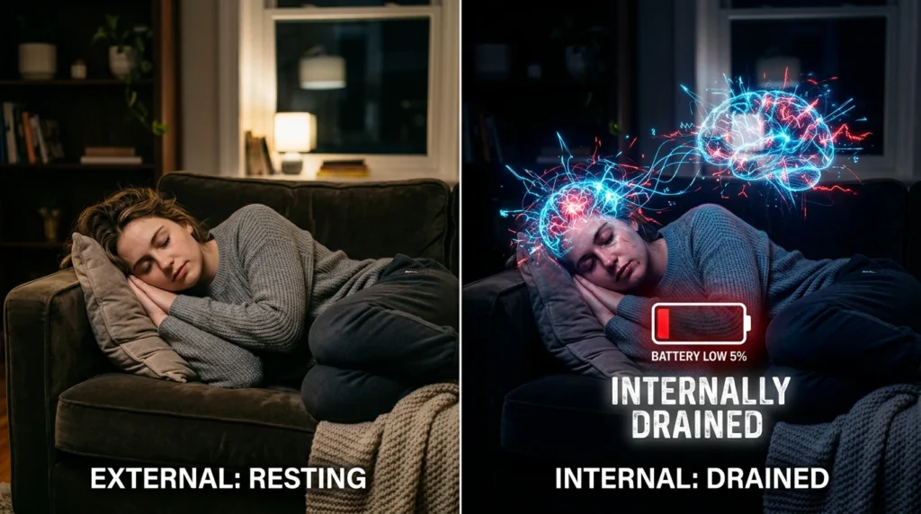 tired after doing nothing exhausted person sitting still with drained energy concept