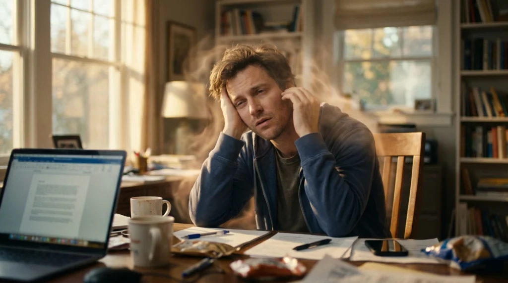 brain fog in the afternoon tired person struggling to focus at desk low mental clarity