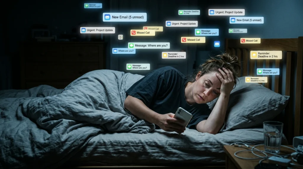 exhausted person overwhelmed by nonstop notifications and constant availability