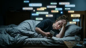 exhausted person overwhelmed by nonstop notifications and constant availability