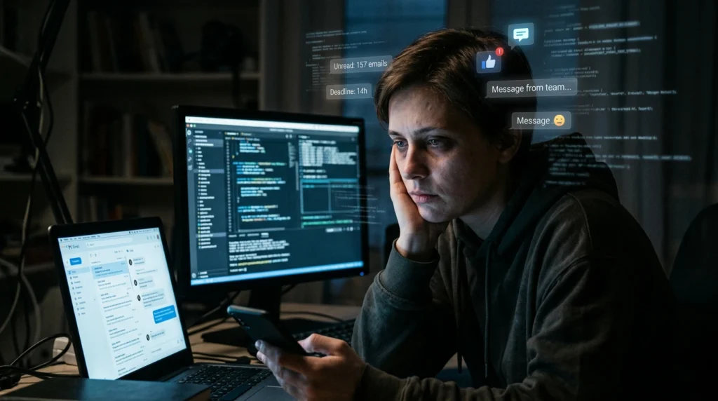 digital fatigue exhausted person surrounded by glowing screens and notifications