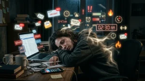 exhausted person leaking glowing energy while surrounded by phones notifications and stress