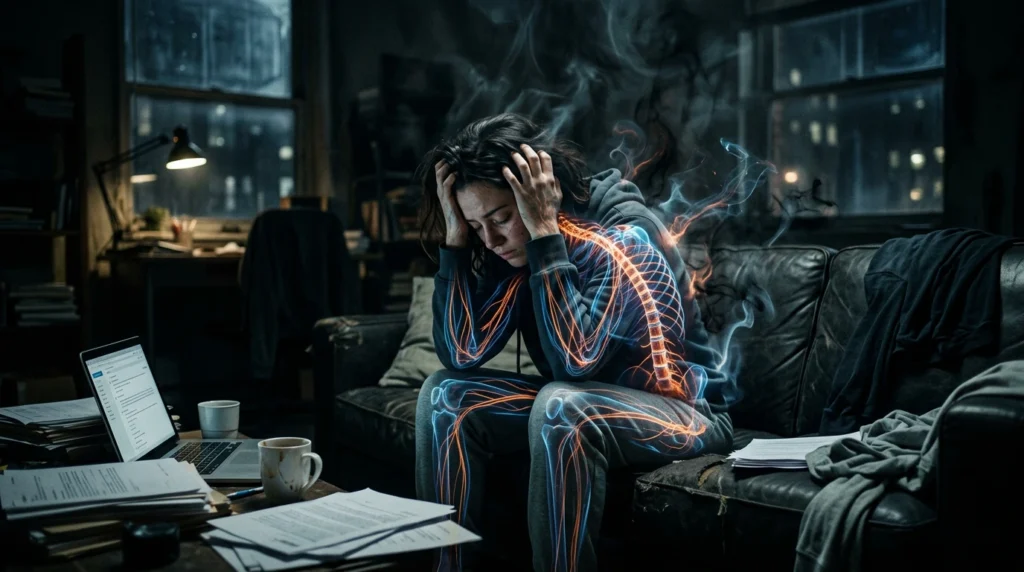 exhausted stressed person with glowing nervous system and low energy