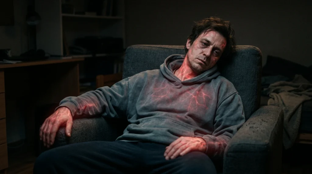 exhausted person sitting in darkness while glowing red inflammation spreads through the body, low energy expression, visible fatigue, cinematic lighting, ultra realistic, dark background, modern health science concept, emotional realism, high detail, 16:9