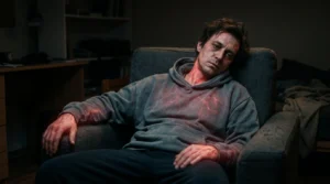 exhausted person sitting in darkness while glowing red inflammation spreads through the body, low energy expression, visible fatigue, cinematic lighting, ultra realistic, dark background, modern health science concept, emotional realism, high detail, 16:9
