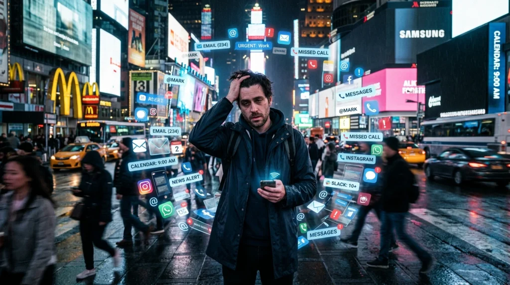 modern life drains your energy overwhelmed person surrounded by screens and notifications